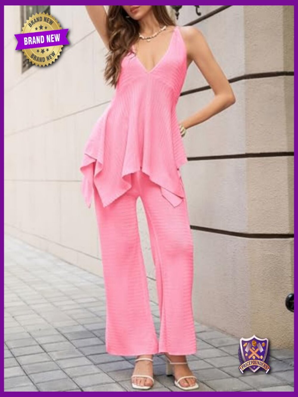 2 Piece Knit Sets Summer Outfits Deep V Neck Flowy Tank Wide Leg Pants Matching - Picture 2 of 6